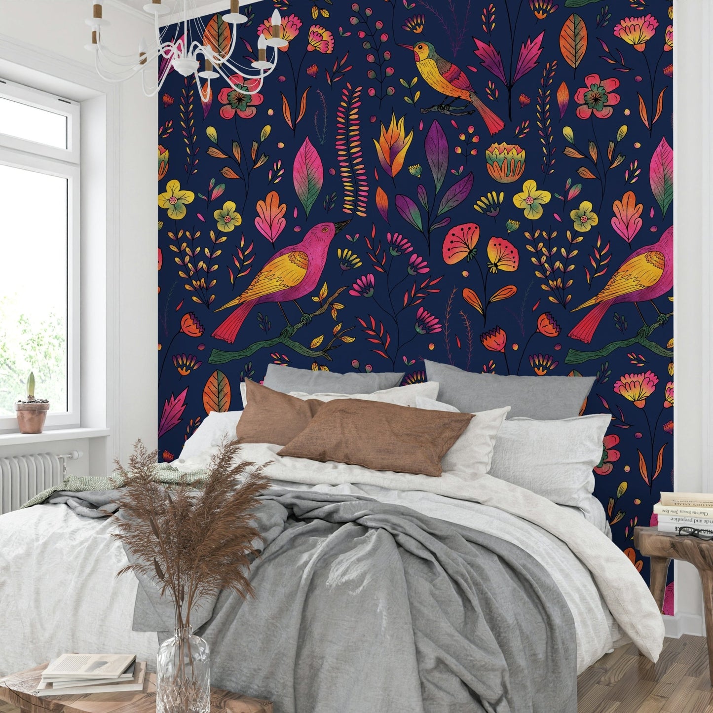 Dark navy background floral wallpaper GD037