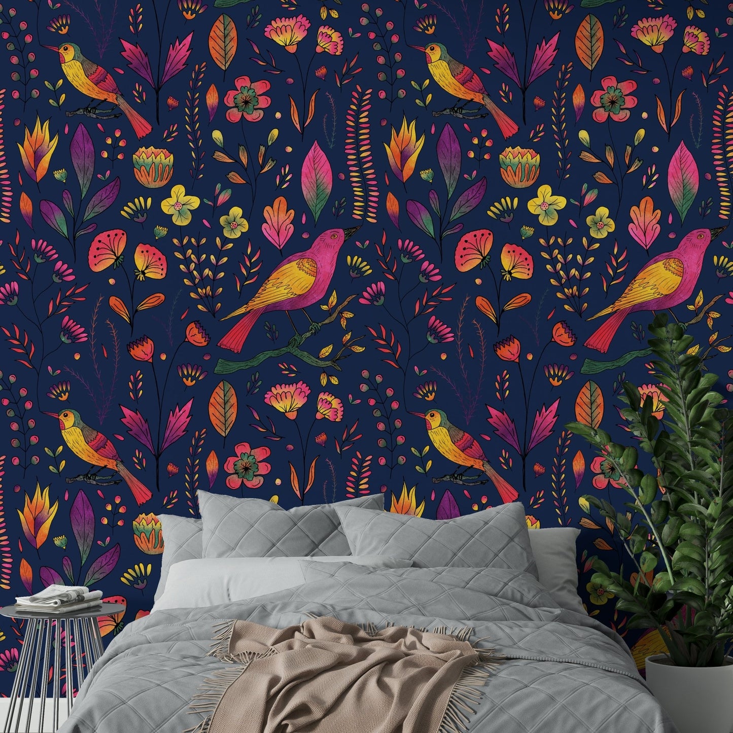 Joyful wallpaper with birds and leaves