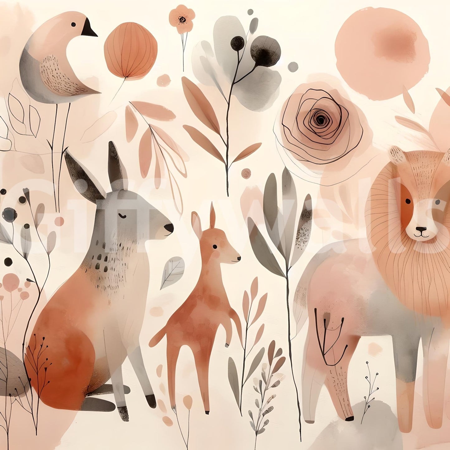 Nature-inspired whimsical animals wall mural