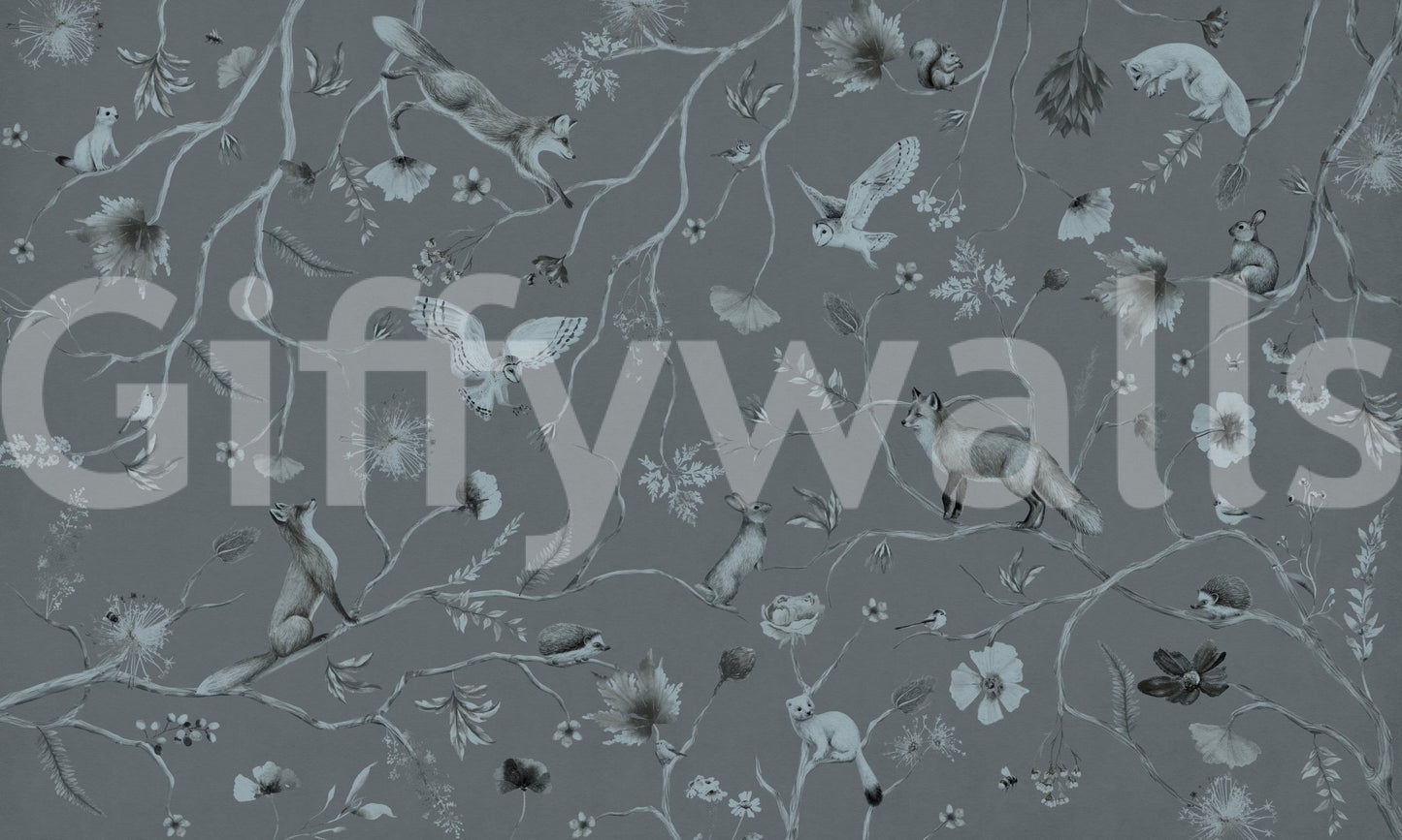 Sitting area showcasing the serene Whimsical Woodland Gray Wall Mural.