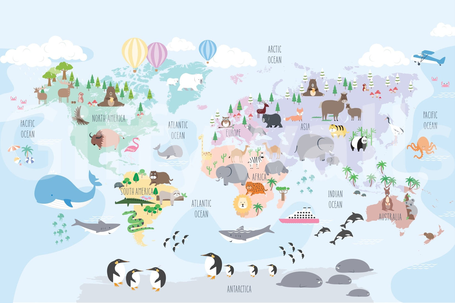 Whimsical animal-themed world mural