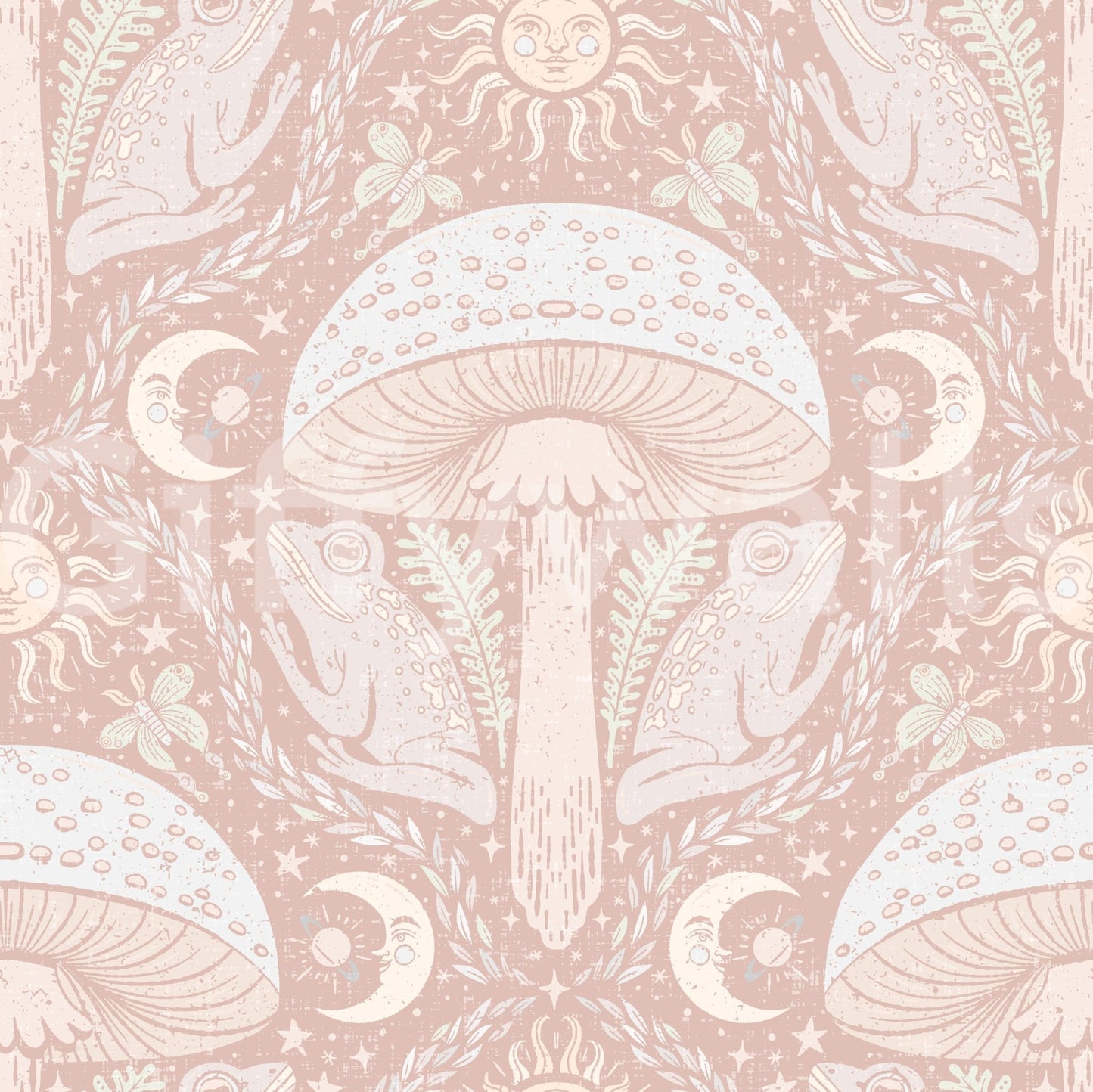 Forest-inspired pastel wallpaper with mushrooms
