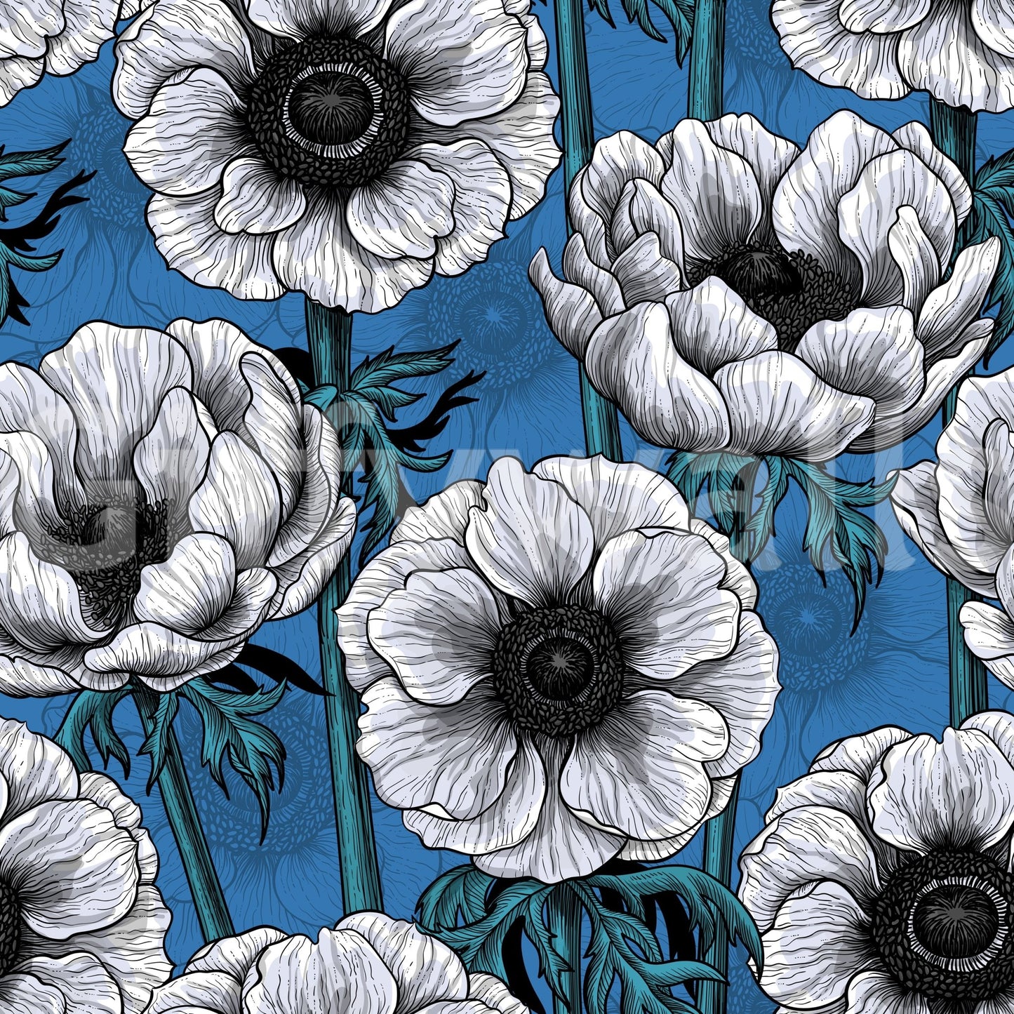 Dark blue background with White Anemone Garden wallpaper and bloom detail