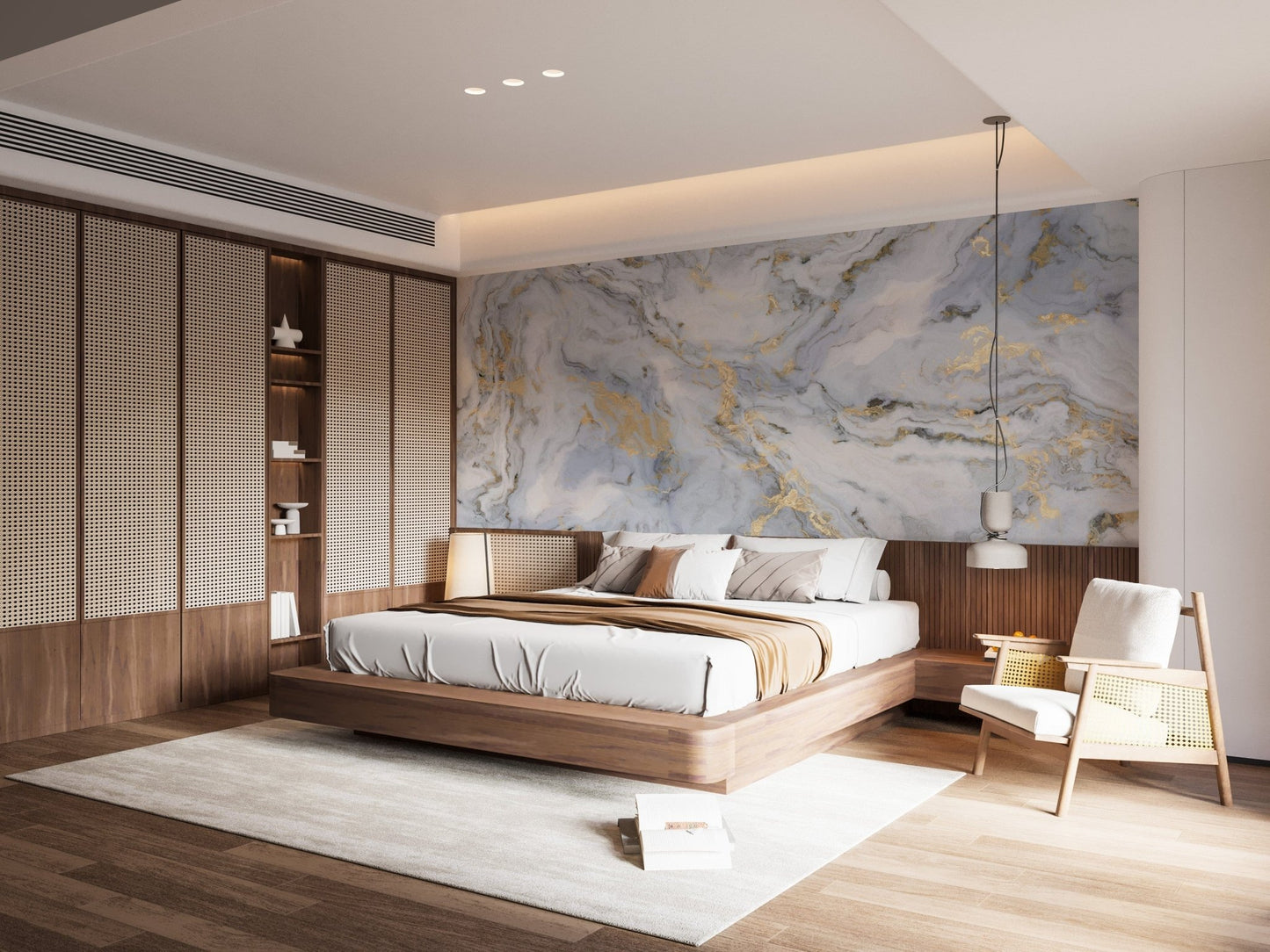 White marble mural with golden highlights