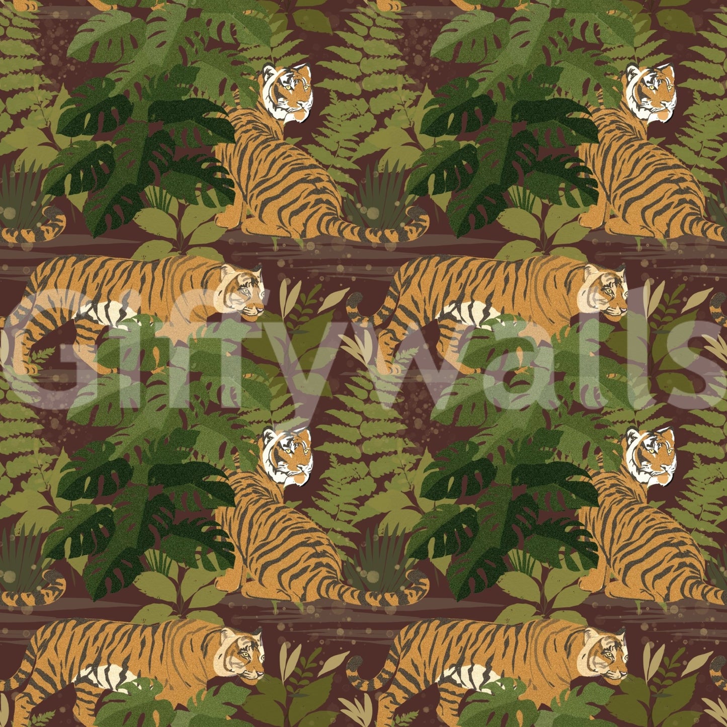 Wild Jungle Roam Tigers Tropical Monstera Wallpaper with tiger and leaf repeat, GD8949