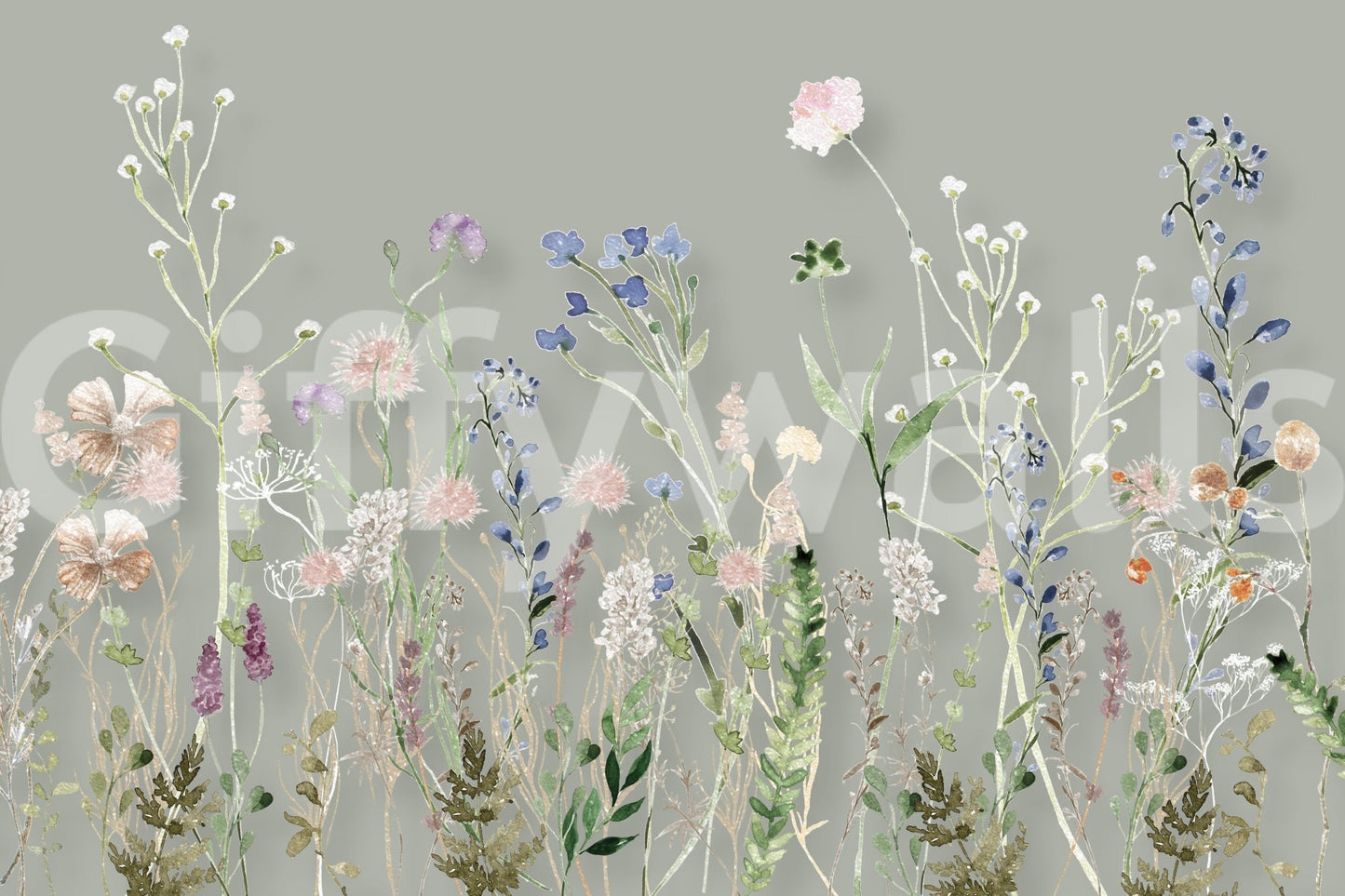 Wildflower Symphony wallpaper mural on a gray wall.