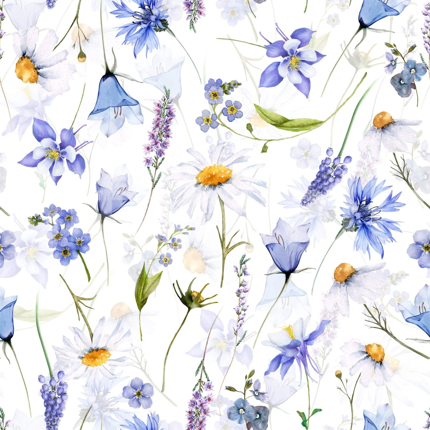 Beautiful Wildflower Whispers Blue mural, seamless summer meadow pattern.
