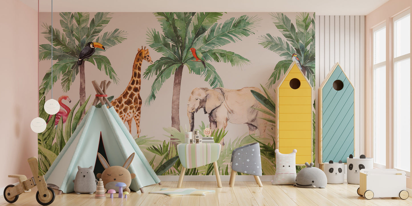 Watercolor Wildlife in Forest Scene Wallpaper