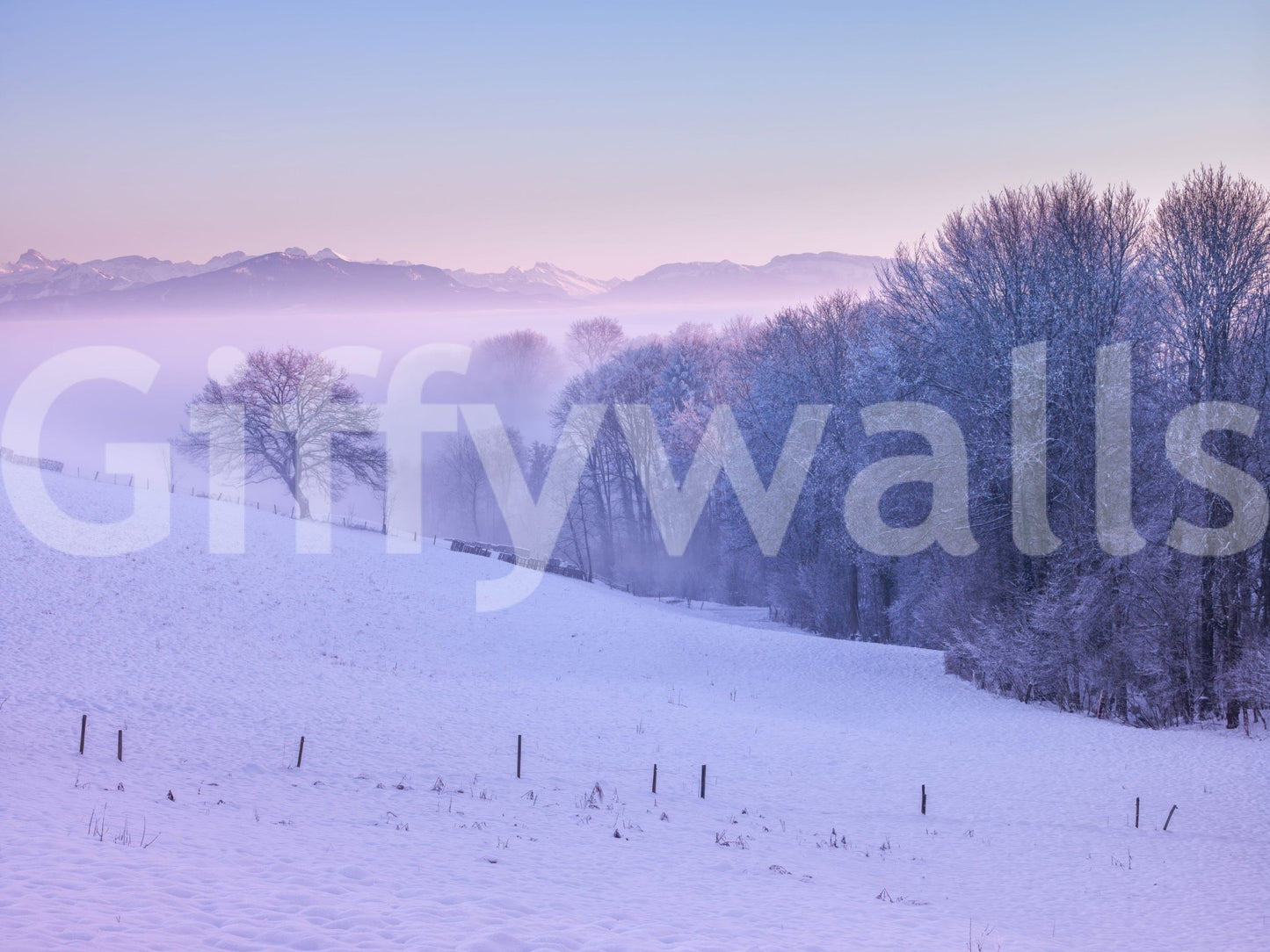 Winter retreat wall mural with snow-covered trees