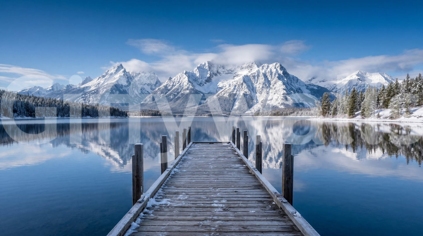 Winter Peaks Reflection wall mural with wooden dock and calm water, GD9256