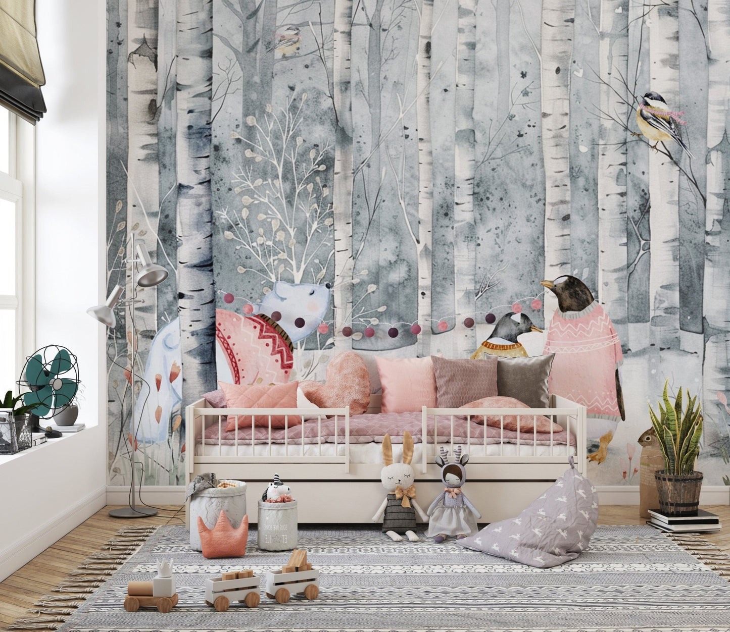 Snowy woodland creatures kids wallpaper