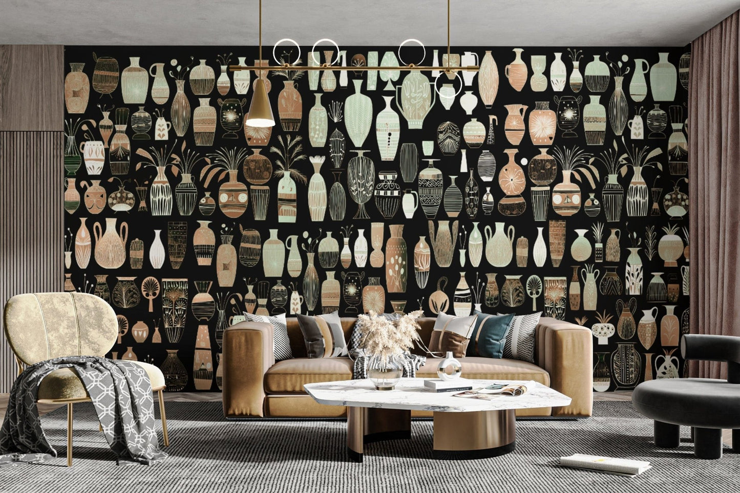 Woodcut vase design wallpaper murals for artistic spaces.