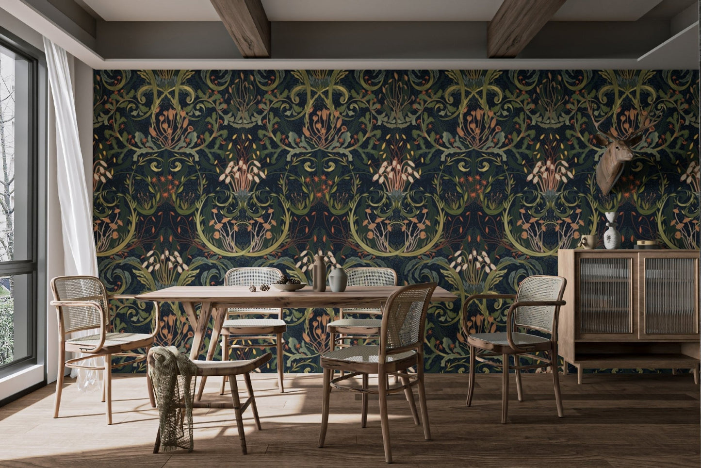 Stylish Whimsical Botanic Silk wallpaper with floral touches., AN149