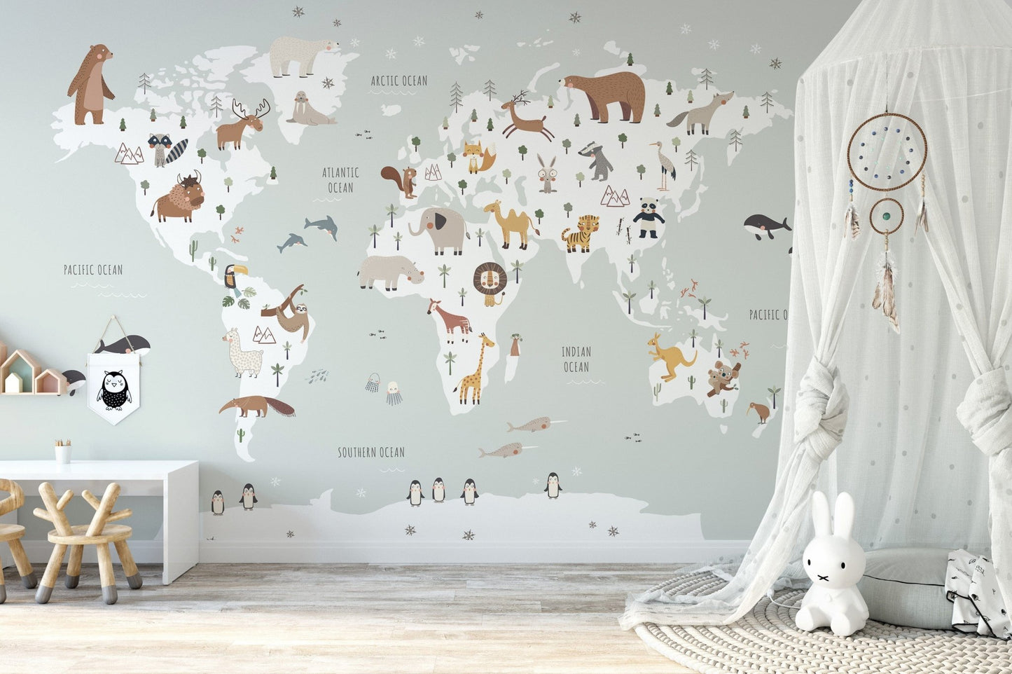 Kids wallpaper with colorful world map animals