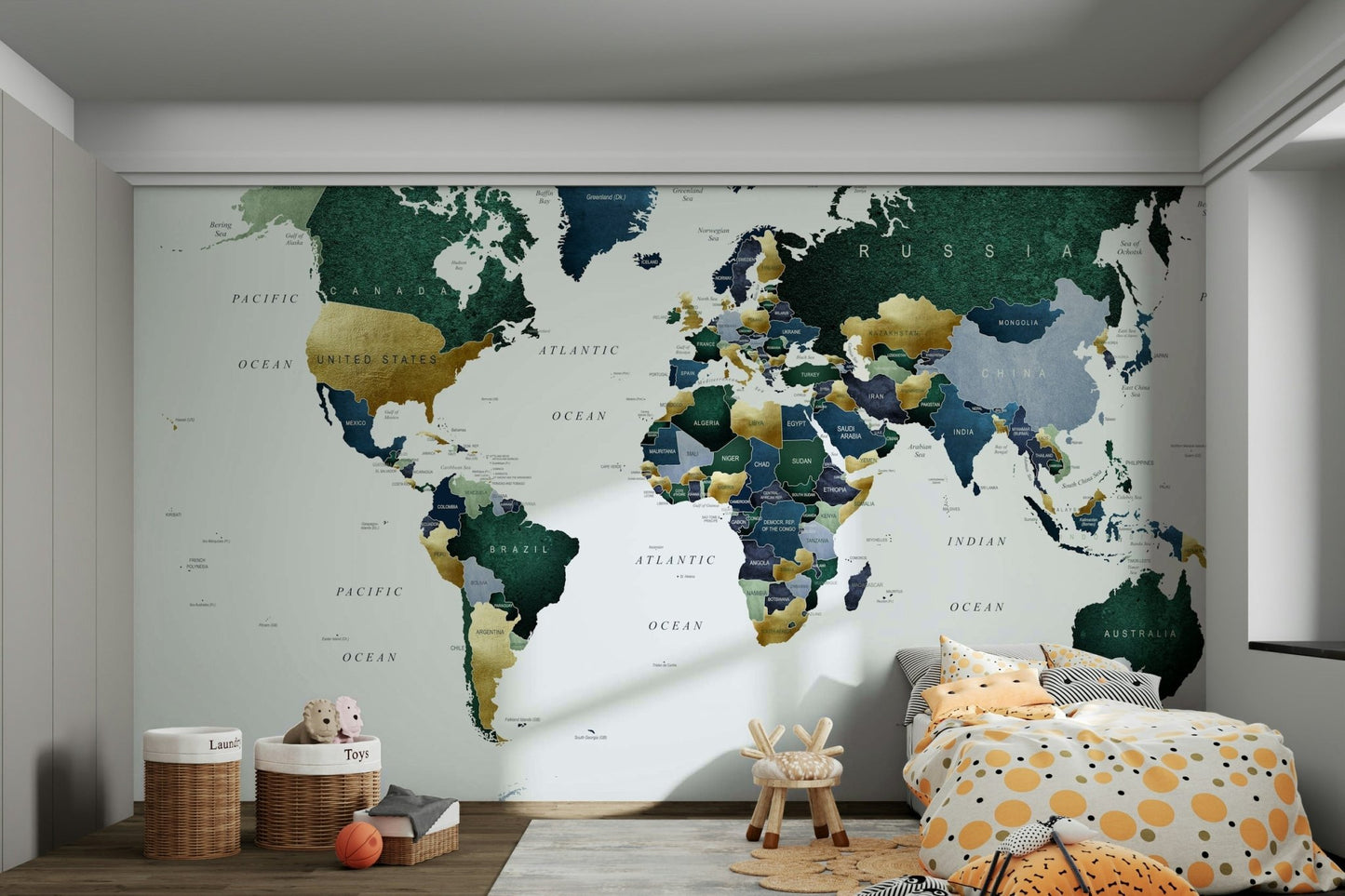 Blue and green world map mural for walls