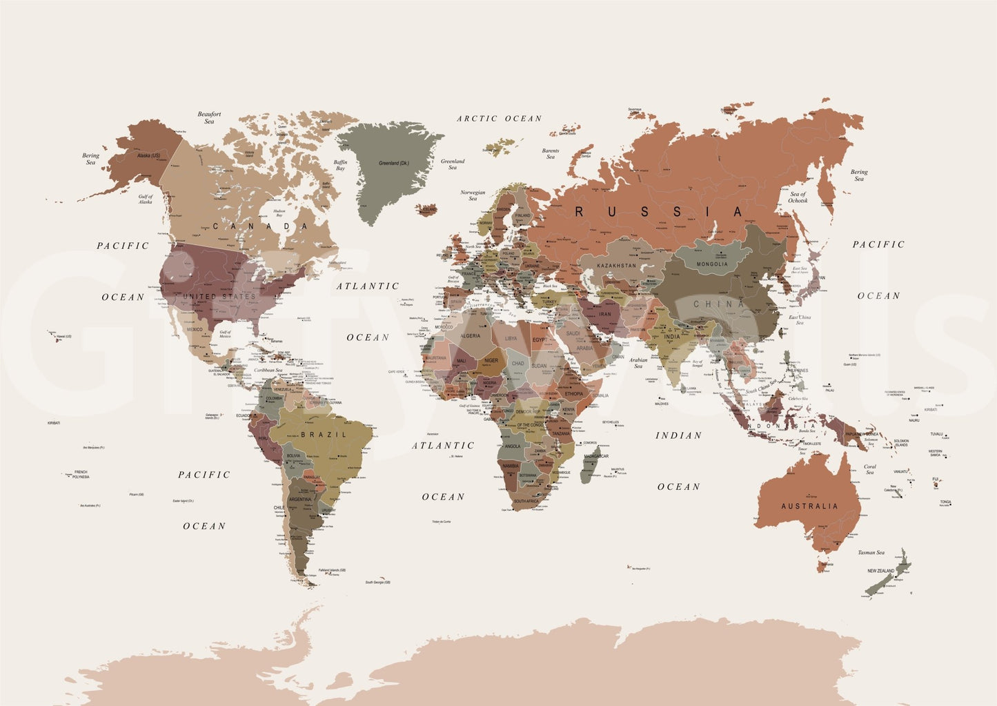 Wall mural map with beige and muted colors