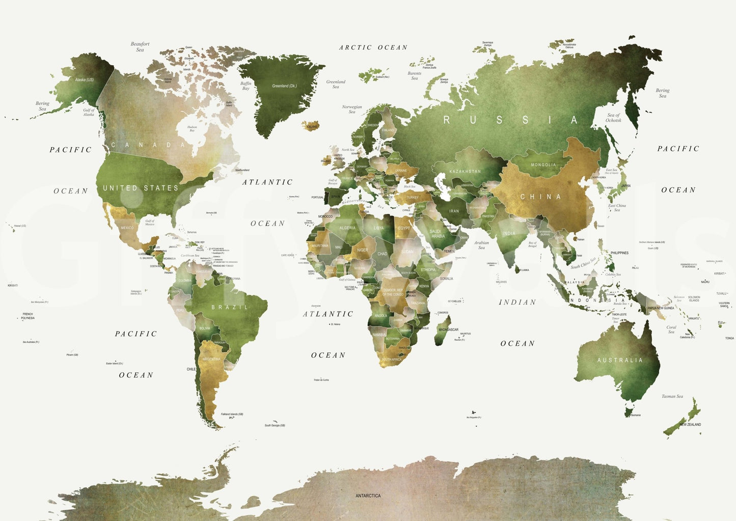 Green world map mural for home decor