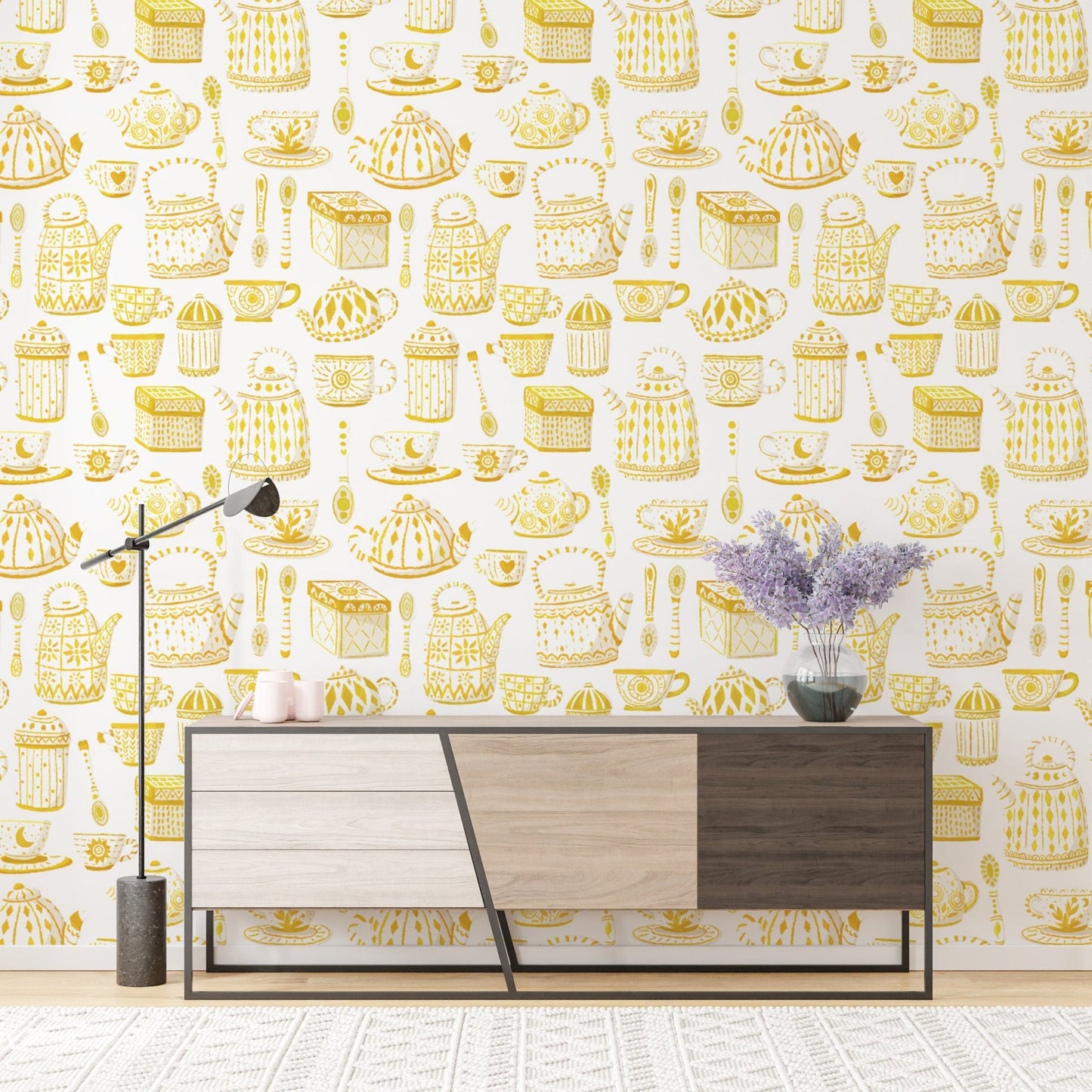Stylish yellow tea set wallpaper for tea lovers' decor. RNM97