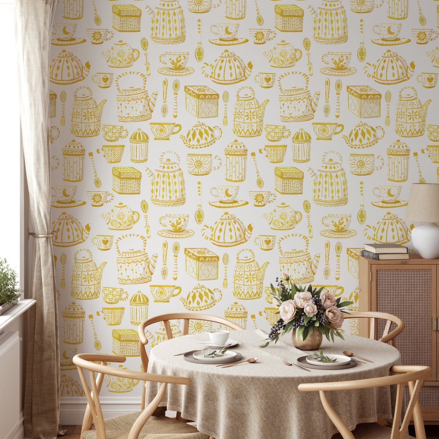 Warm yellow tea set wallpaper for timeless interior style.