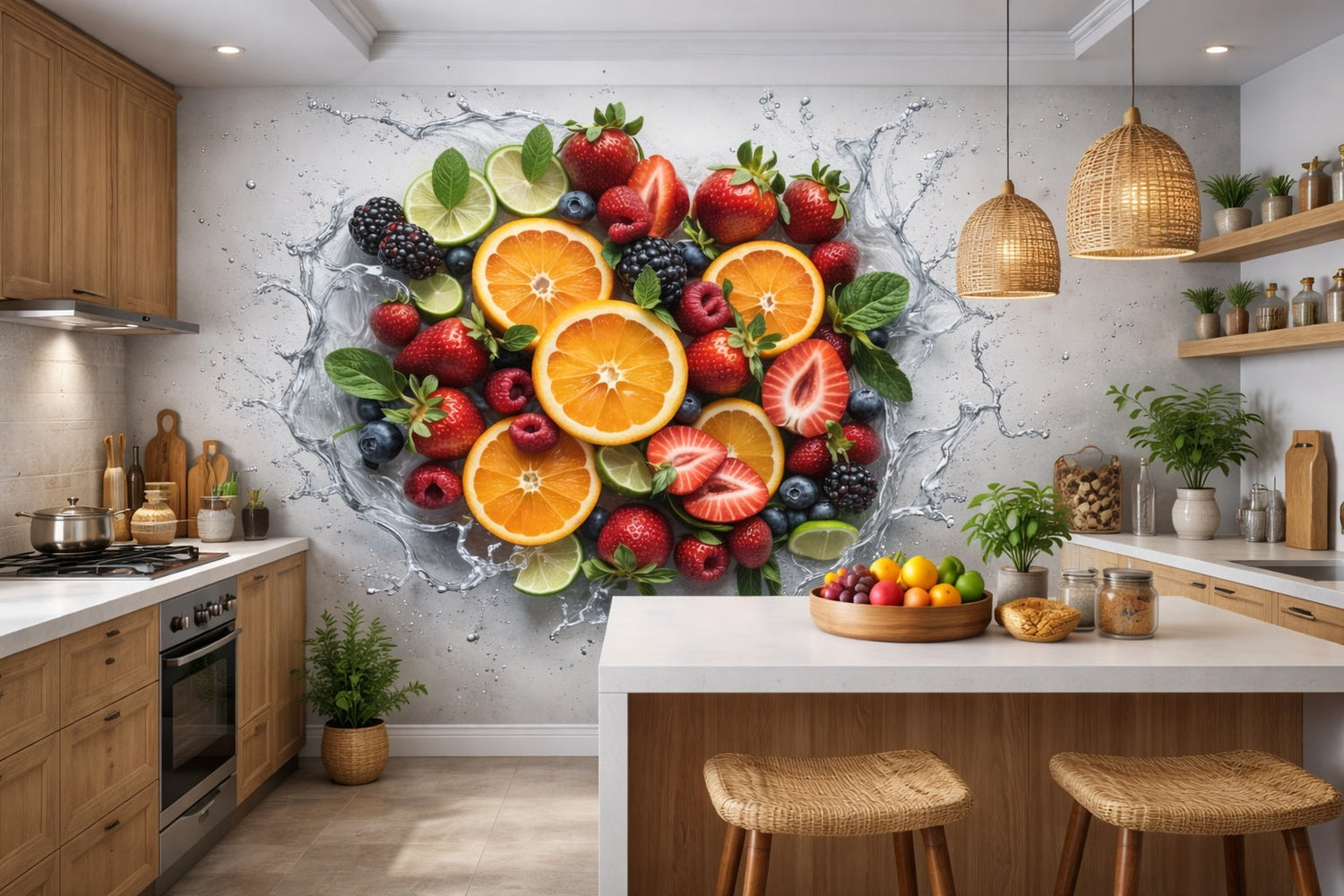 Fruit wallpaper and wall murals with lemon, berry and citrus motifs