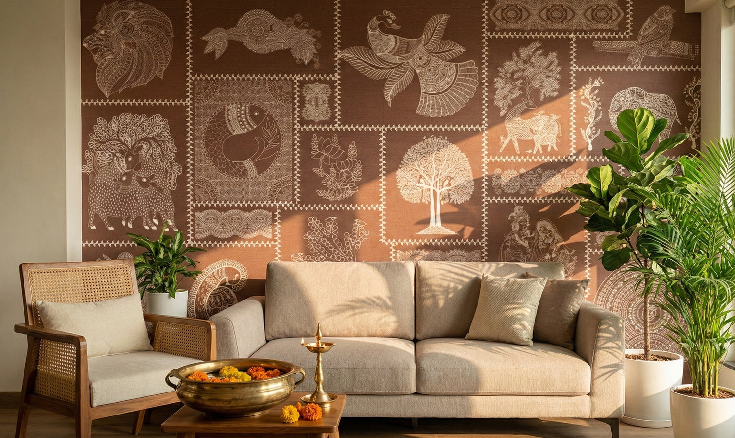 Mithila Madhubani folk wallpaper with fish and peacock motifs