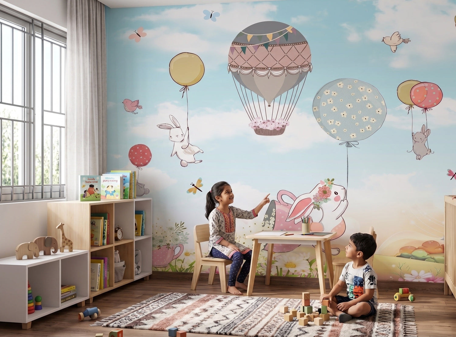 Cheerful bunny wallpaper with playful rabbits and meadow flowers