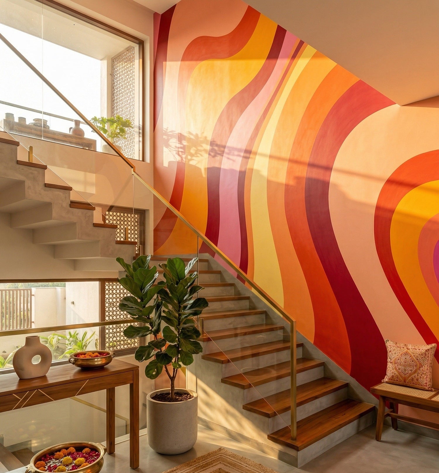 Funky retro and graffiti wallpaper mural with bold geometric shapes  