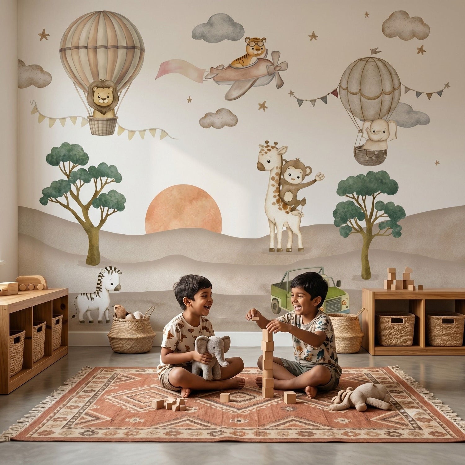 Safari wallpaper mural showing savanna wildlife and acacia trees