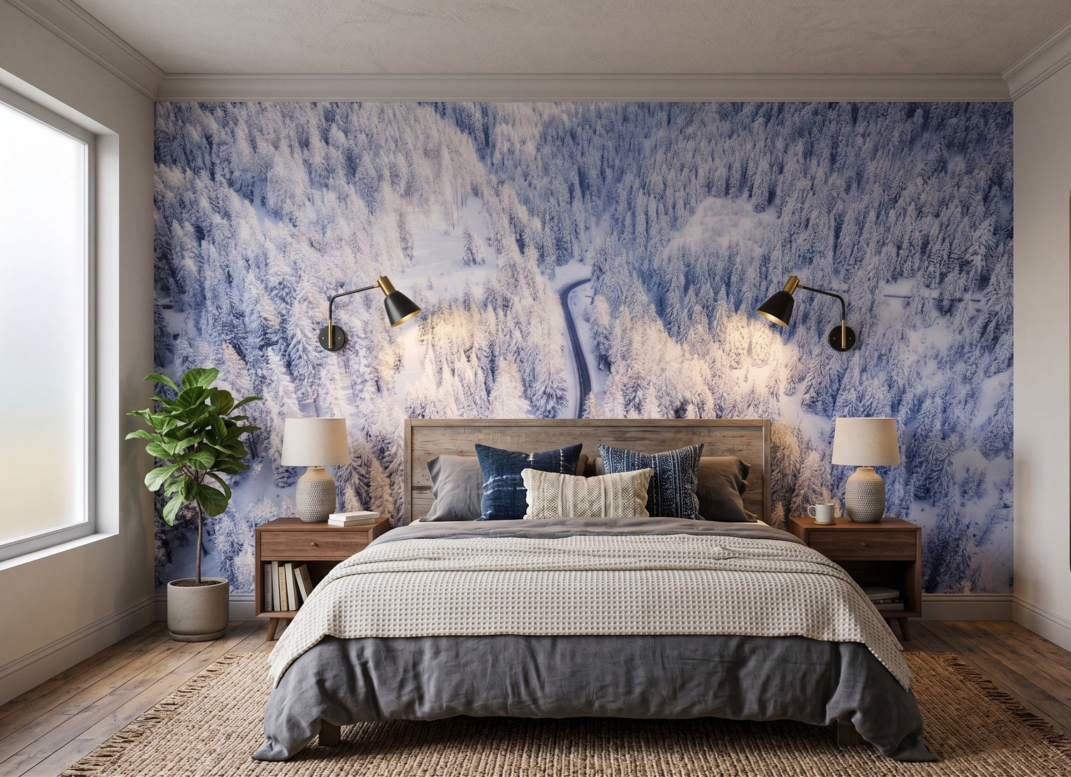 Winter wallpaper showing frosted pine trees and gentle falling snow