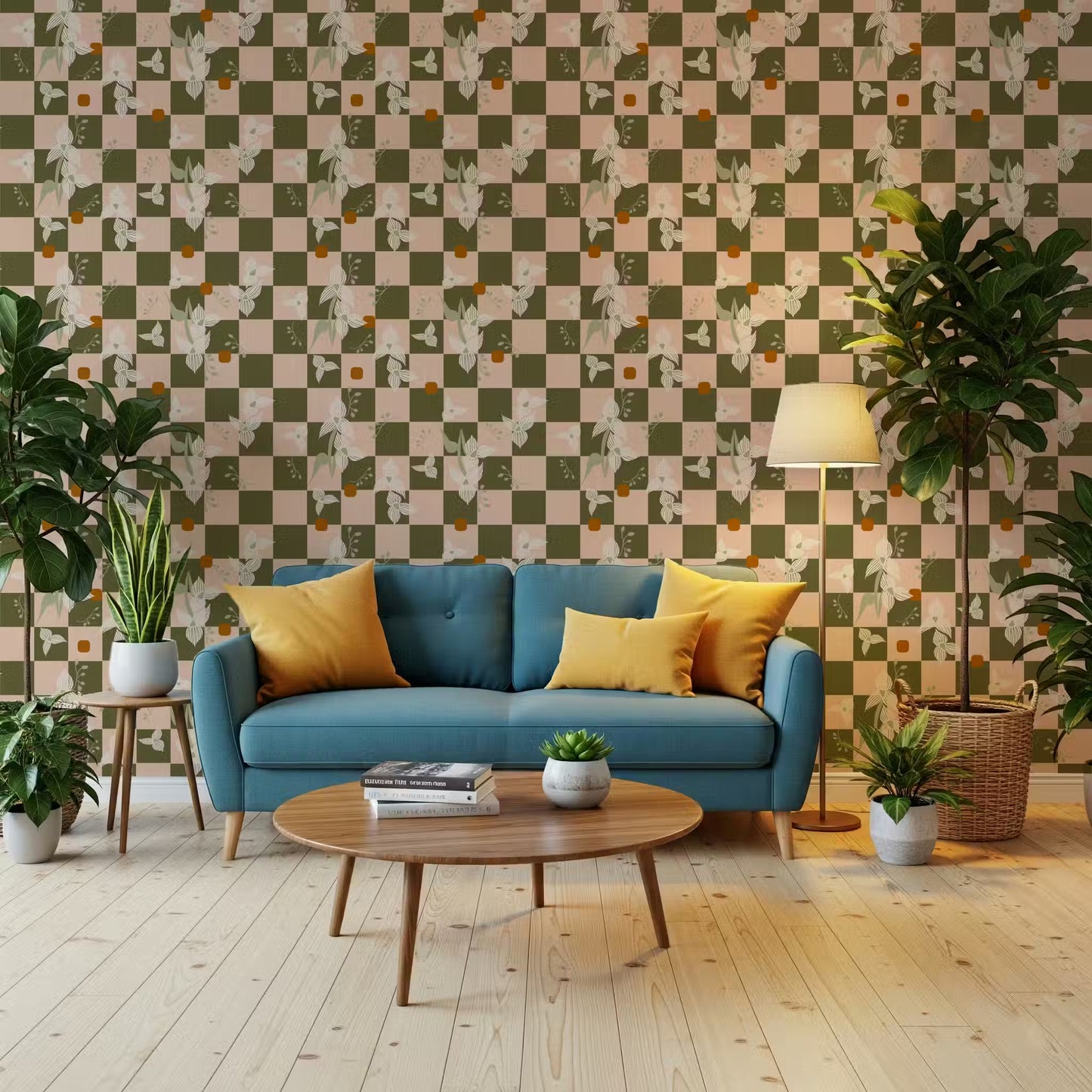 Olive Checker Floral Wallpaper Retro Boho Wallpaper⁠