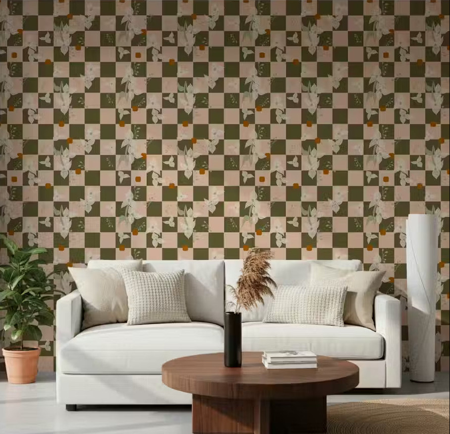 Living room wall styled with olive checker floral retro boho wallpaper in green and pink tone.