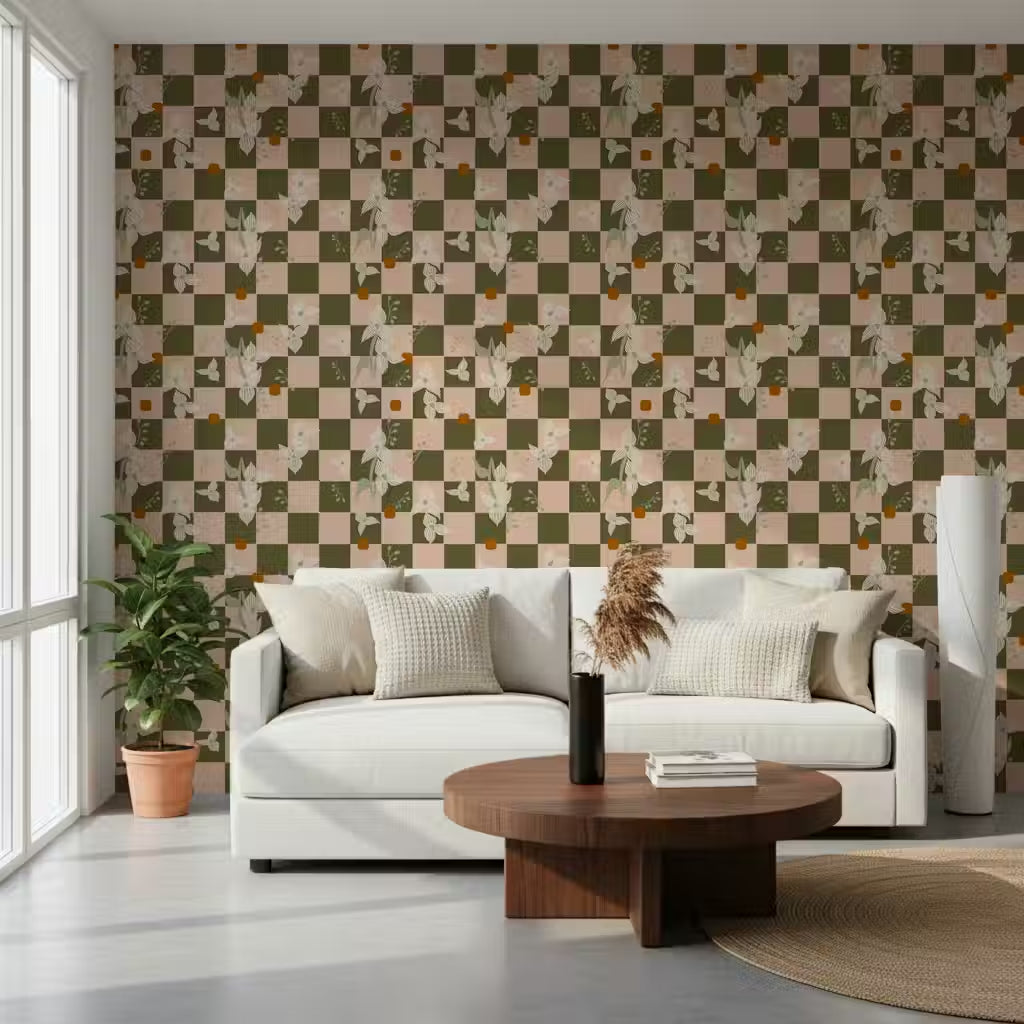 Olive Checker Floral Wallpaper Retro Boho Wallpaper⁠
