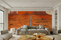 Glowing sunset mural of desert landscape

