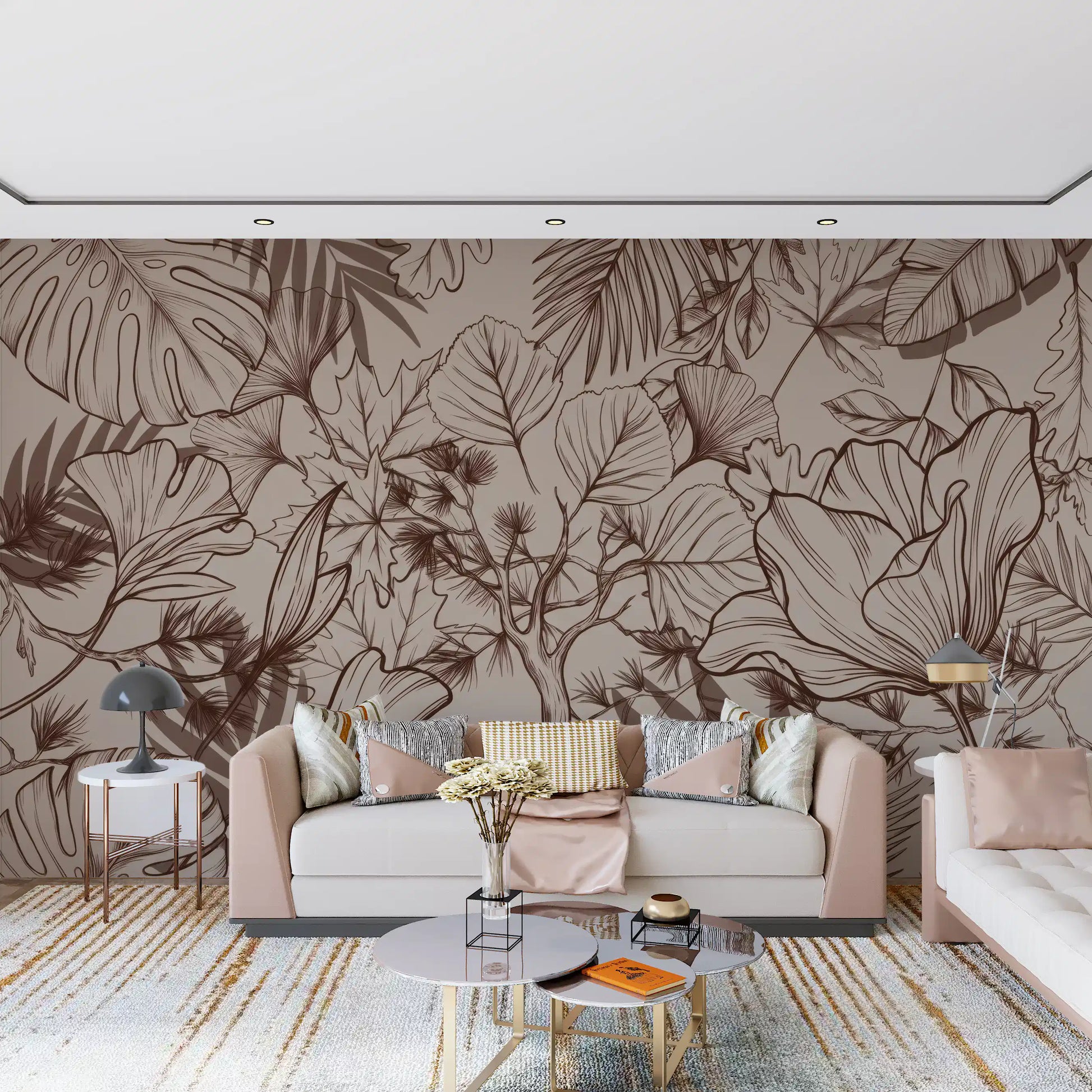 Monochromatic Botanical Line Art Wall Mural