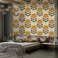 Retro daisy wallpaper in mustard yellow hues


