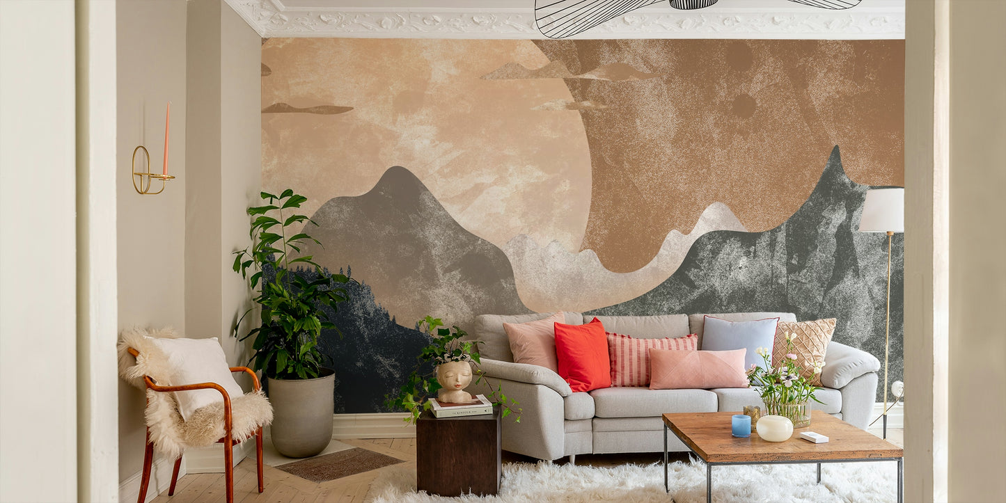 Sunset behind tall peaks wallpaper

