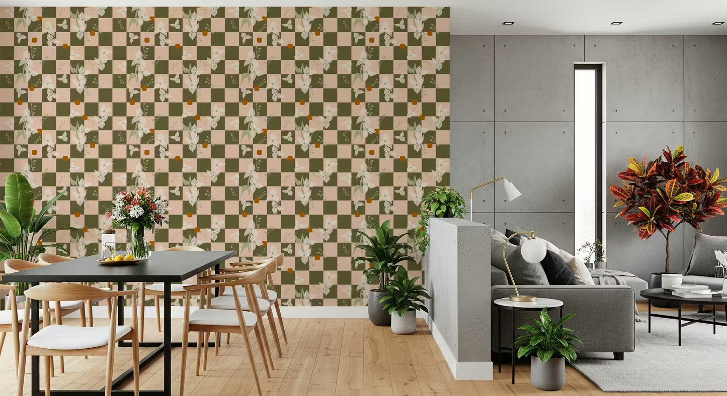 Olive Checker Floral Wallpaper Retro Boho Wallpaper⁠