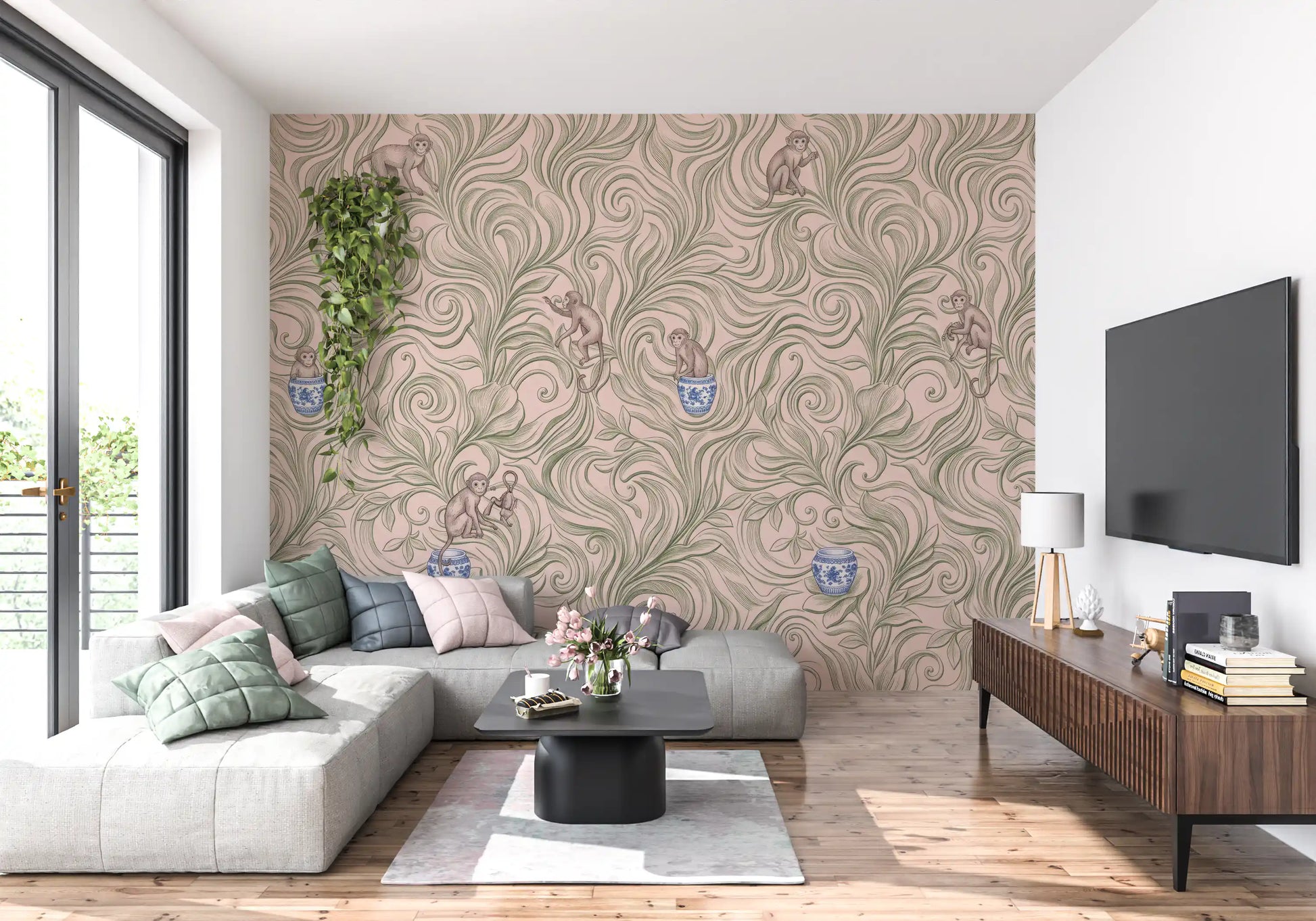 Playful Monkeys in Porcelain Vases Wall Mural