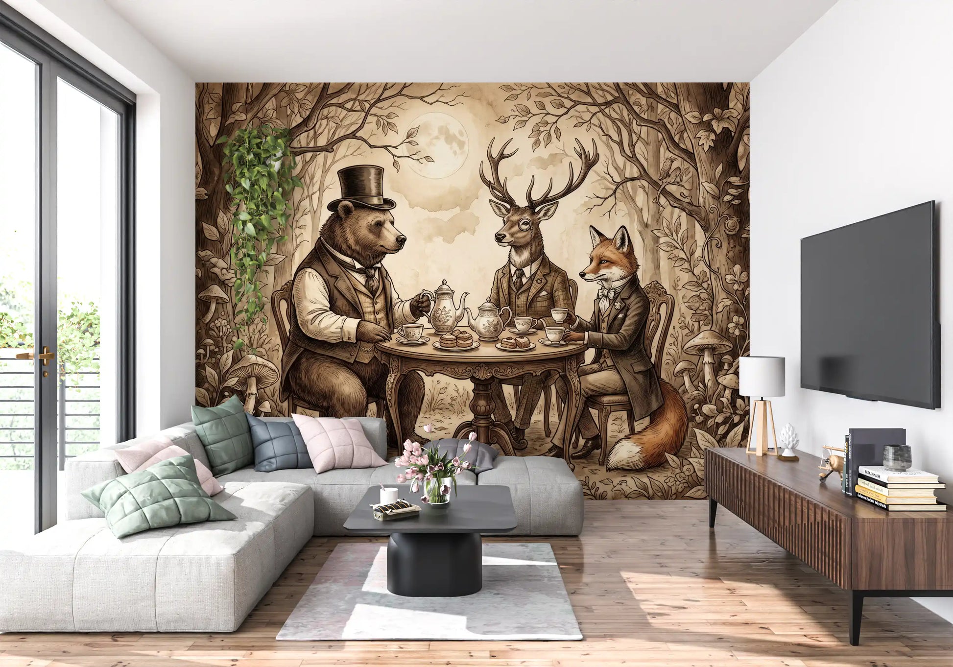 Woodland Tea Party in Sepia Wall Mural