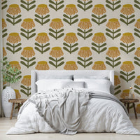 Mustard yellow retro floral daisy wallpaper

