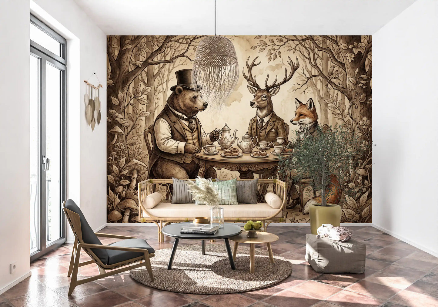 Woodland Tea Party in Sepia Wall Mural