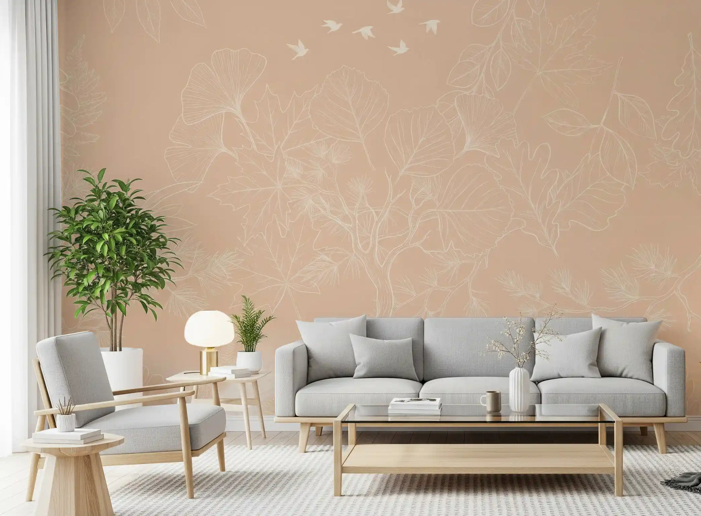 Serene Peach Botanical Line Art Wall Mural