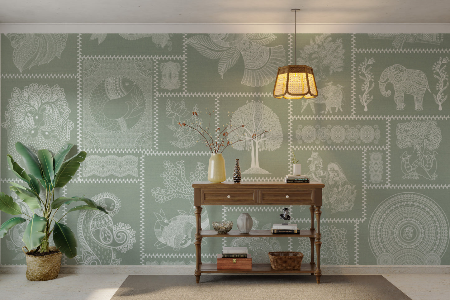 Ethnic tribal motifs in soft green tone

