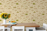 Botanical patterned wallpaper with brown and green hues.