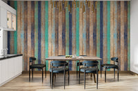 Vertical wooden planks dining area wallpaper with rustic hues
