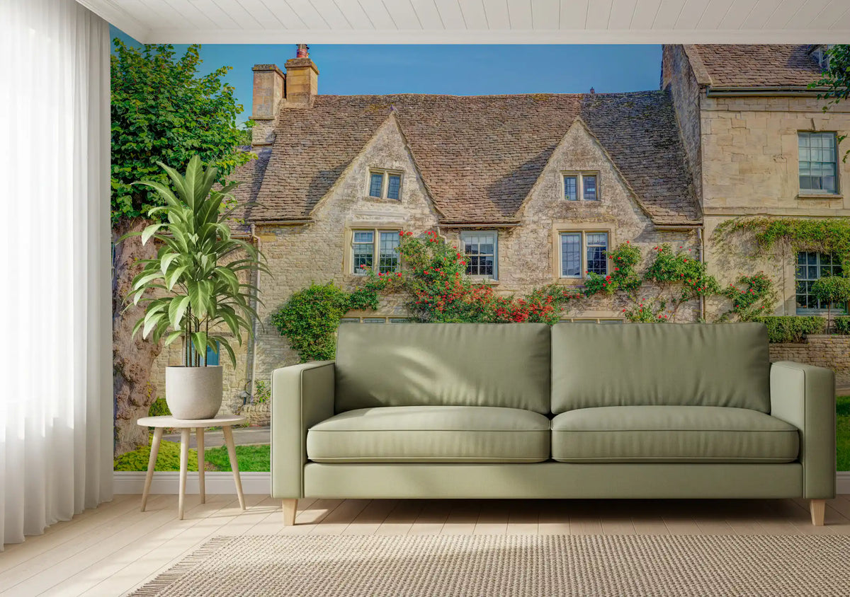 English rose cottage wallpaper mural shown in a living room GD12171