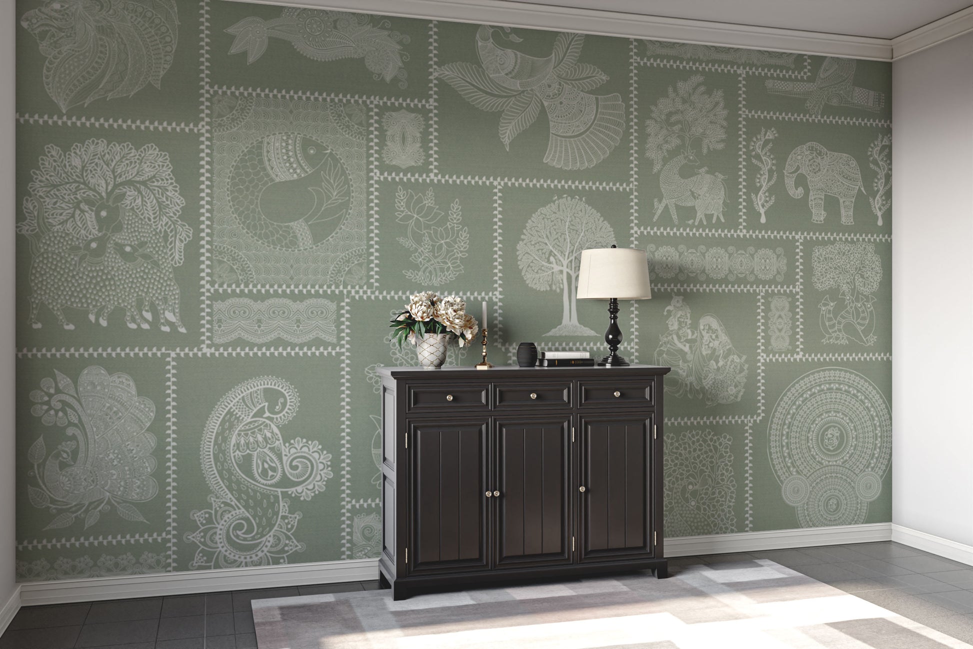 Hand-drawn Warli animals and patterns

