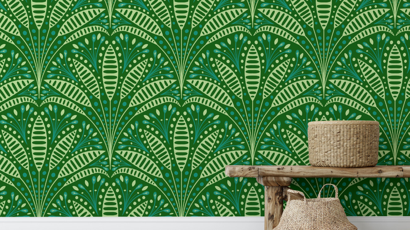 Decorative green palm mural in a chic Art Deco aesthetic.