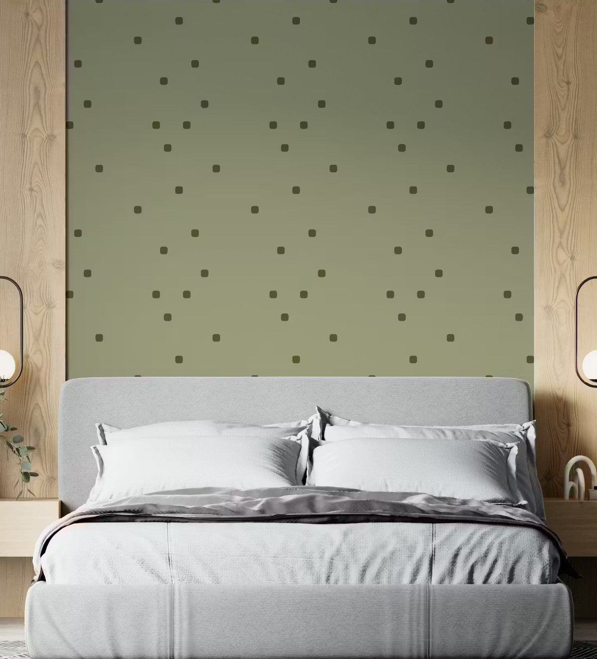 Bedroom wallpaper with organic retro polka dot pattern in green tones., GD10047