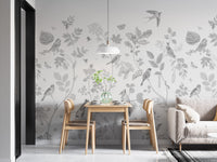 Elegant garden birds mural with gray tones